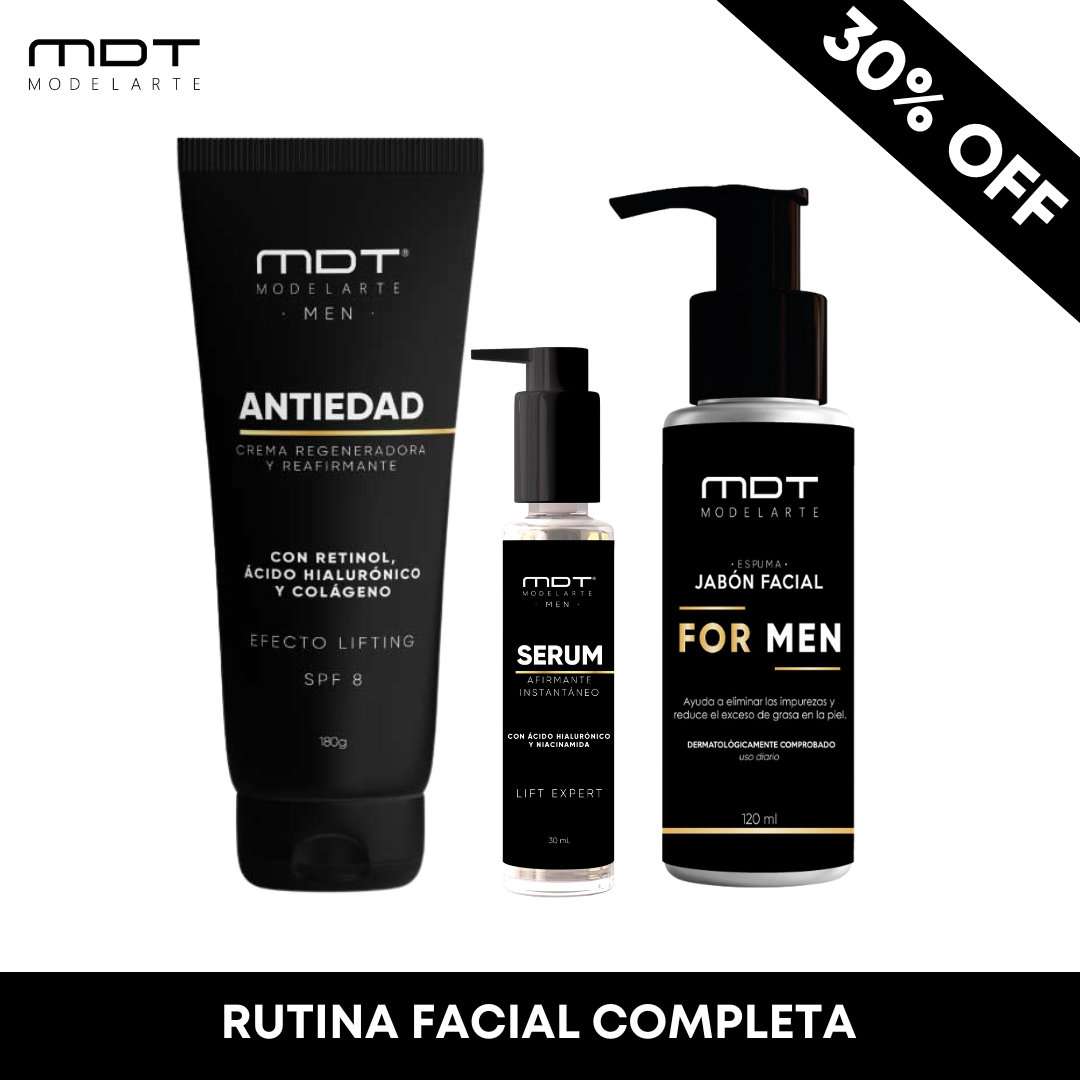 Combo de skincare para hombres: jabón facial, serum con retinol y crema regeneradora con SPF 6