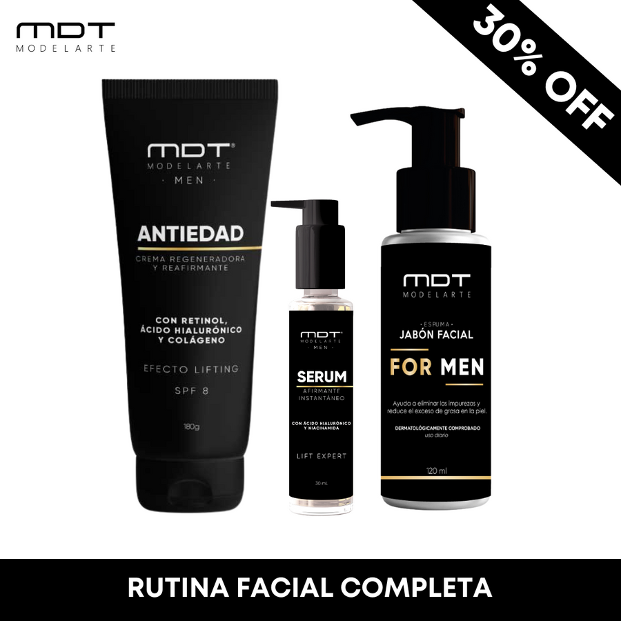 Combo de skincare para hombres: jabón facial, serum con retinol y crema regeneradora con SPF 6