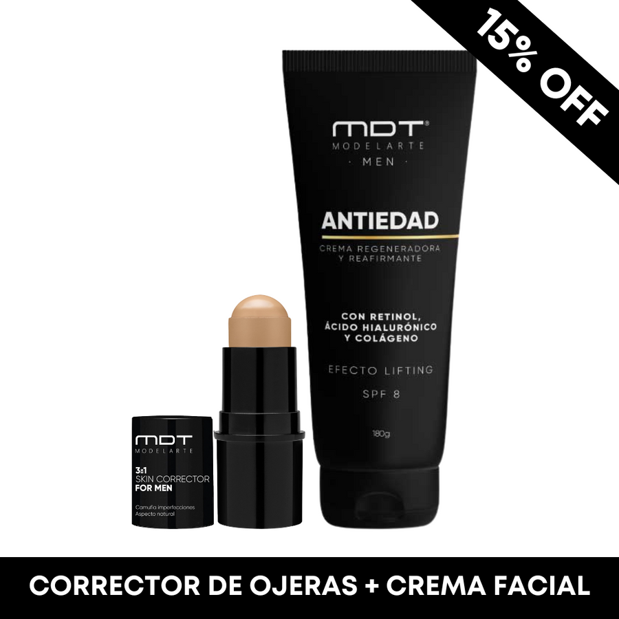 Productos antiedad para hombres: crema facial con retinol y corrector de ojeras para piel masculina