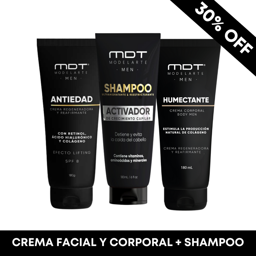 Productos para el cuidado personal de hombres: antiedad facial, hidratación corporal y shampoo contra la caída del cabello