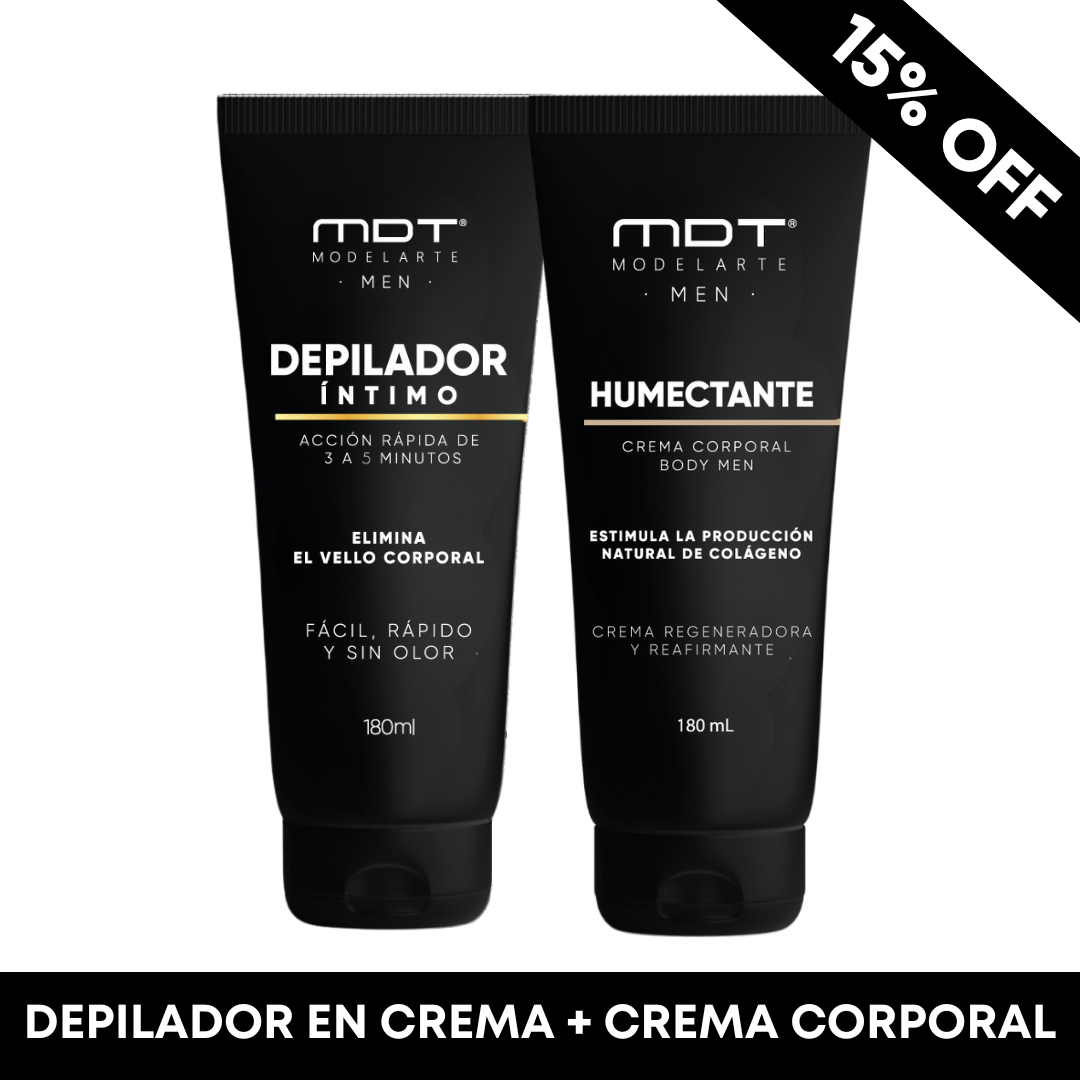 Depilador íntimo en crema para hombre + crema corporal humectante con colágeno para piel masculina