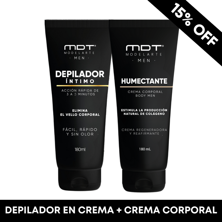 Depilador íntimo en crema para hombre + crema corporal humectante con colágeno para piel masculina