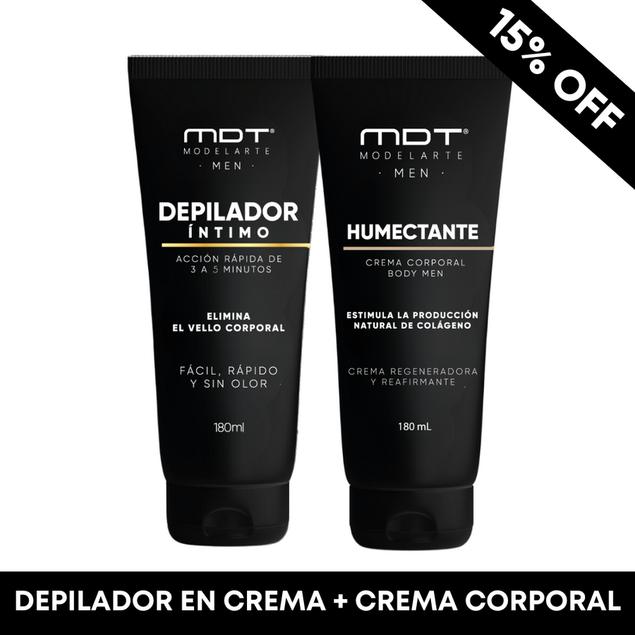 Depilador íntimo en crema para hombre + crema corporal humectante con colágeno para piel masculina
