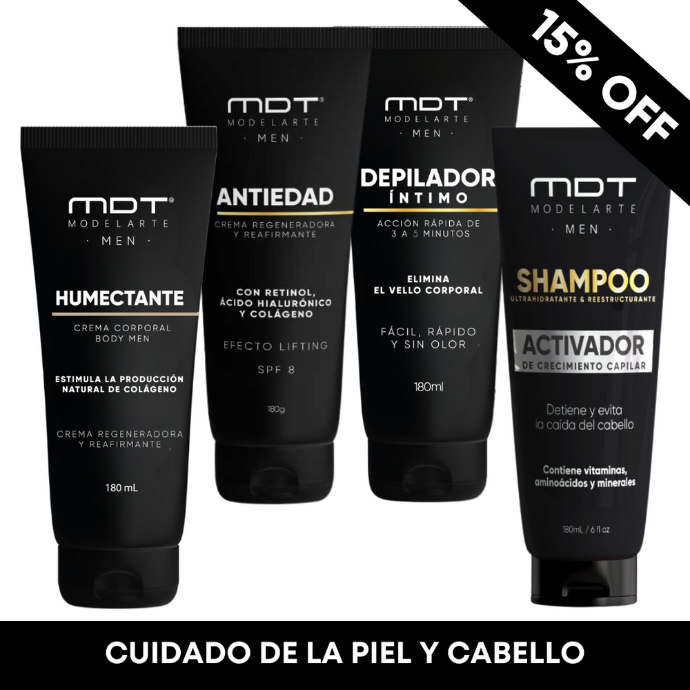 Cuidado personal masculino completo: hidratación con colágeno, retinol facial, depilación sin dolor y shampoo con vitaminas