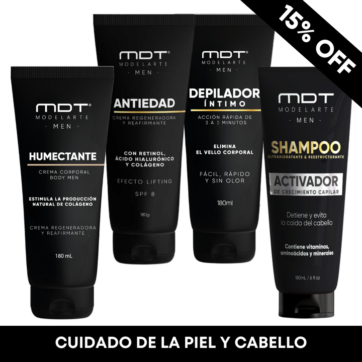 Cuidado personal masculino completo: hidratación con colágeno, retinol facial, depilación sin dolor y shampoo con vitaminas