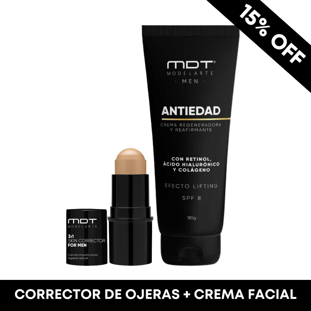 Productos antiedad para hombres: crema facial con retinol y corrector de ojeras para piel masculina