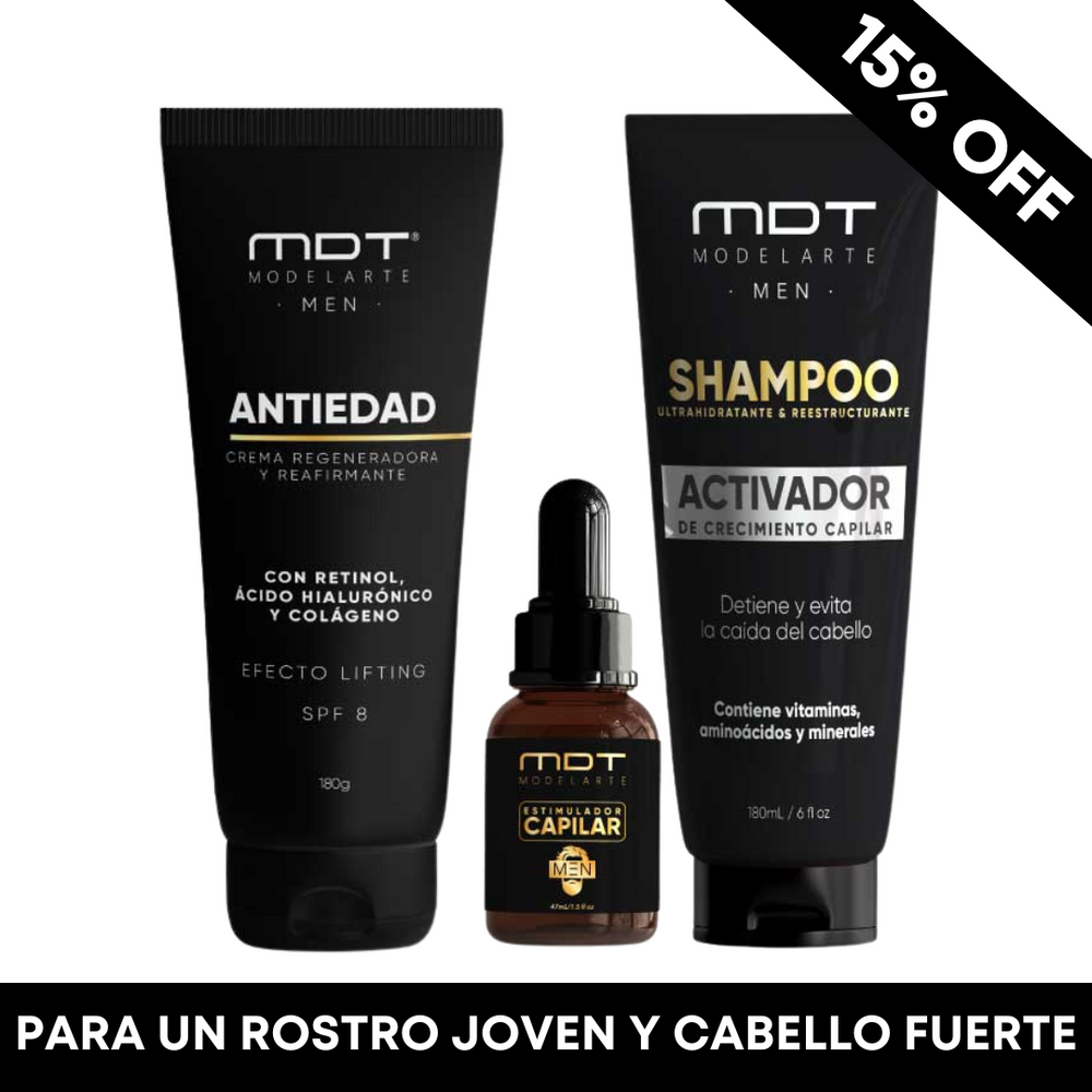 Cuidado facial y capilar para hombres: crema con retinol, shampoo anticaída y gotero con aminoácidos